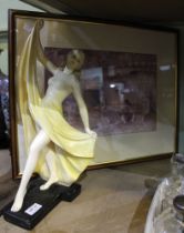 Painted plaster 'Art Deco' dancing lady and a William Russel Flint print