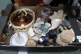 A box to include a vintage nutcracker bowl, binoculars, etc