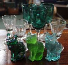 Three Victorian green wine glasses, three 19th century glasses & three opaline models of cats