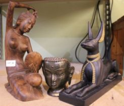 Cast metal Buddha head by Robert Laffons a carved wood female and 'Anubis'