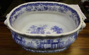 Victorian blue and white pottery footbath lobed form with twin handle sides
