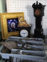 A selection of flat ware, two ornate clocks & frame
