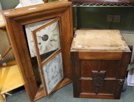 American pine framed wall clock and a small wooden cupboard