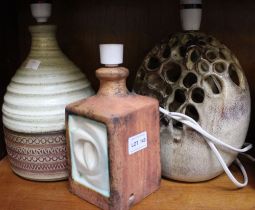 Three various studio pottery table lamps, the square based lamp bearing the name Tremaen, to the bas