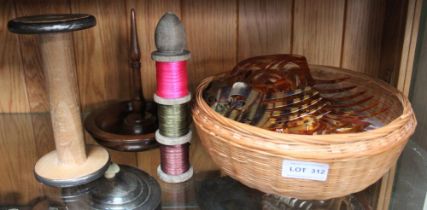 Basket of sewing items, military button, & two hair combs & ring holder