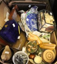 A box containing a selection of useful and collectible domestic items