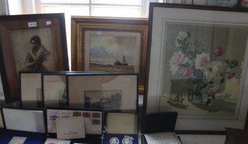 Gilt framed oil painting, coastal scene, print of flowers, print of lady Madolin & three other print