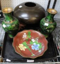 A painted tray together with a bowl & three vases
