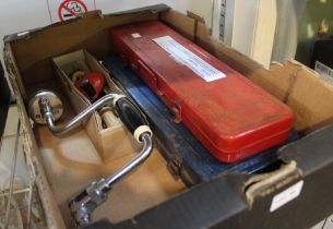 A box containing a selection of assorted tools to include socket sets & drills