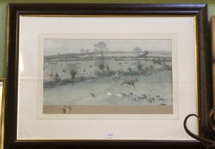 A Cecil Aldin hunting print signed to the mount with a sketch of a fox mask 33 x 63cm