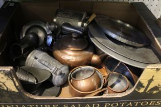 A box of mixed domestic metalwares mainly pewter or copper