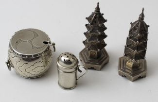 A pair of Chinese silver Pagoda form shakers, 7cm high, a sterling silver Japanese drum form, mustar