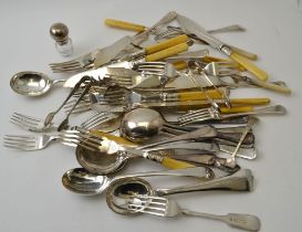 A quantity of silver plated flatware, includes bone handled fish knives and forks, soup spoons, moth