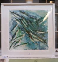 A signed limited edition print of a school of mackerel 49/50 - 93 cm square