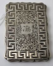 Robert Thonton, a Victorian silver card case, acanthus leave scroll decoration within a Greek Key bo
