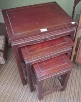 A nest of three oriental design occasional tables, largest 43cm x 33cm