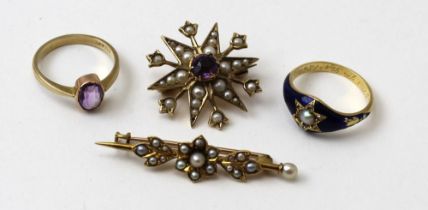 Four items of jewellery, includes a stone and pearl, 9ct gold star brooch, an 18ct gold stone set ri