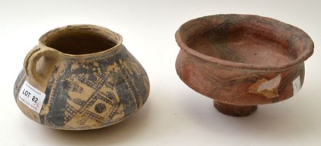 Two Chinese pottery vessels, considered to be Neolithic, both with painted decoration, one applied w