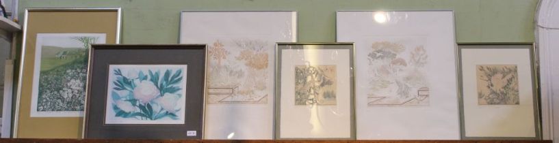 Six etchings with aquatint, flowers & landscape, signed, titled & numbered in pencil by Winifred Pic