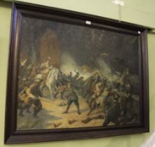 Large Dutch oil on canvas 'battle scene' signed in a plain oak frame