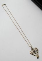 A 9ct gold, Art Nouveau pendant, stone and pearl set, on a 9ct gold chain, gross weight 3.8g