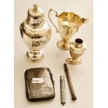 A HM silver small jug, silver cigarette case, silver small pot, propelling pencil, sugar sifter etc