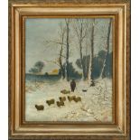 An oil on canvas farmer and sheep in snow.