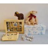 A Steiff limited edition merry Christmas music teddy bear in box together with two Steiff tea sets