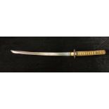 A Wakizshi Samurai sword with a cast iron Tsuba gold flower and rope design blade length approx 52