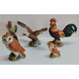 Five Beswick bird figures Owls, Woodpecker, Eagle etc.