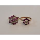 Two hallmarked 9ct yellow gold ruby and diamond cluster rings, one a flower cluster design, the