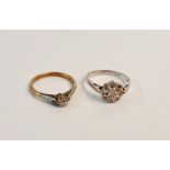A stamped 18ct white gold diamond cluster ring, ring size L, and a stamped 9ct & PLAT, single