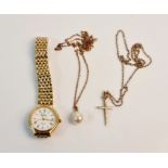 A Grovana Lady's wrist watch with a simulated pearl dropper pendant, on chain assessed as gold