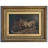 An oil on board two donkeys in stable titled ( When shall we three meet again) in gilded frame verso