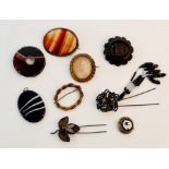 A collection of various brooches together with two black fancy hair stickpins