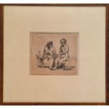 Later reprint of a Rembrandt etching, titled ‘Vertumnus and Pomona’, etching depicting two seated