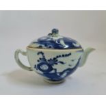 A 19th century Chinese blue and white teapot man resting design to body and lid height 10 cm.