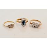 A marked 18ct PLAT three stone diamond ring, ring size K, a yellow metal gem set cluster ring,