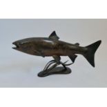 A Ian Greensitt Wildlife sculptor in bronze of a salmon on base signed with initials IG limited 5/