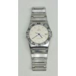 A gents stainless steel Omega Constellation wrist watch, the dial having hourly dot markers and date