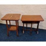 A mahogany side table together with a small mahogany drop leaf table.