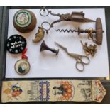 A collection of mixed items to include moon vesta case, corkscrew, seal stamp etc.