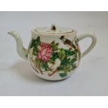 A 19th century Chinese teapot famille rose bird and flower design with a red square character mark