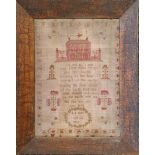 A 1836 framed and glazed sampler with house cherubs and flowers.