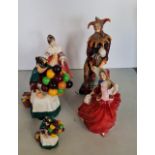 Four Royal Doulton figures The Jester, Autumn Breezes, Southern Belle, The Old Balloon Seller and