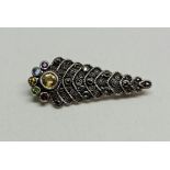 A marcasite and multi-gemstone brooch, unmarked white metal.