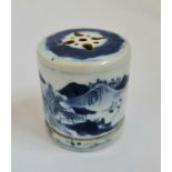 A Chinese blue and white censer stick holder with village scene to body and clouds to top height 6,5