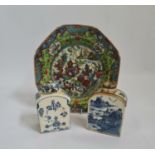 A 19th century Chinese plate and two blue and white tea caddy’s all A/F.