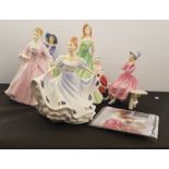 Six Royal Doulton figurines to include Kathy, Sophie, young dreams, a hostess of Williamsburg etc.