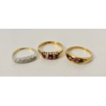 A five stone diamond ring, ring size C, a three stone ruby ring each one separated by diamonds